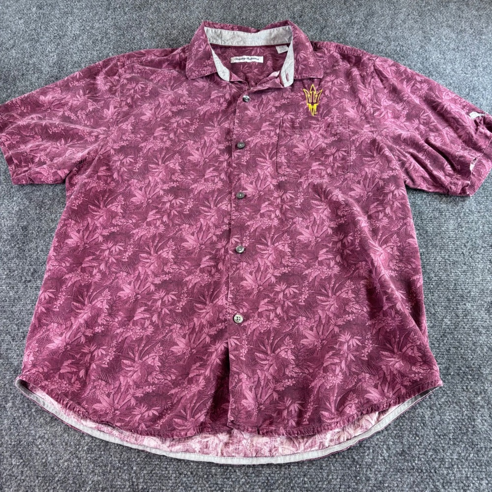 Tommy Bahama Button Down Shirt Mens Large Maroon Silk ASU Sun Devils NCAA Floral